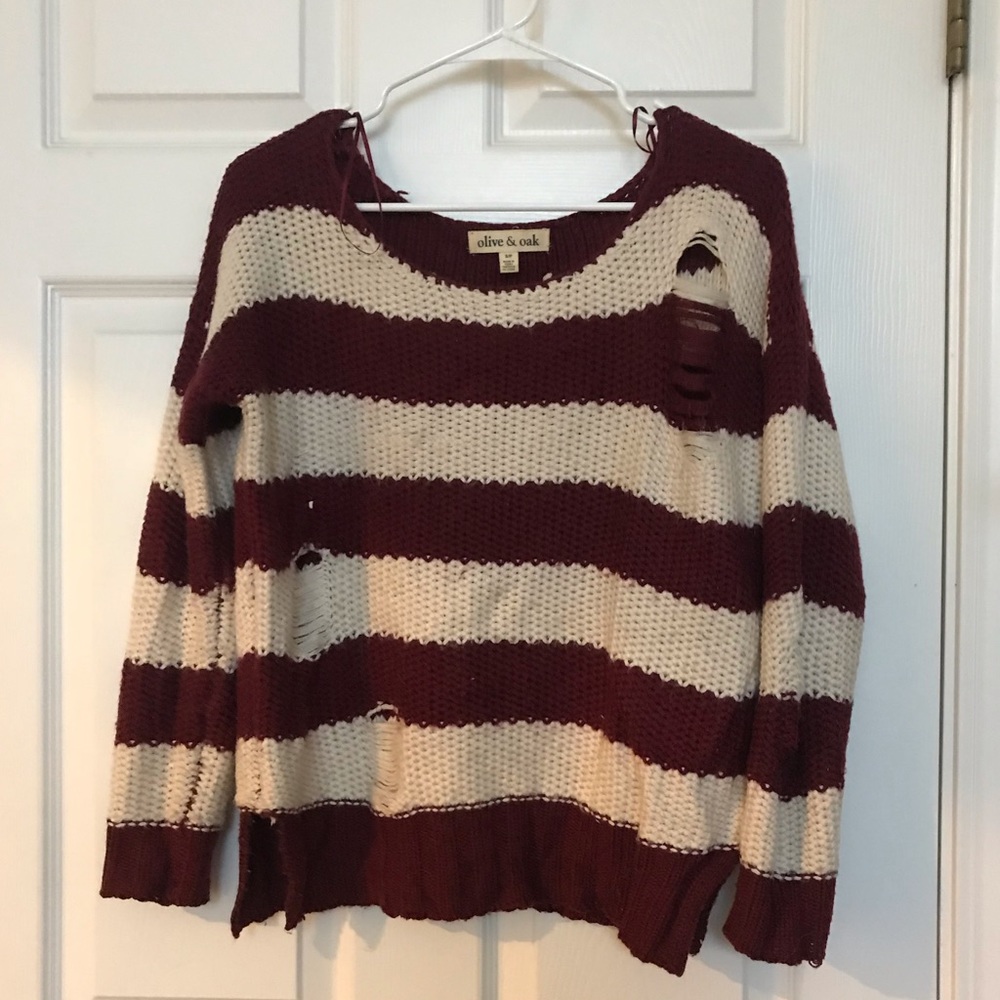 Urban Outfitters Distressed Maroon Cream Sweater